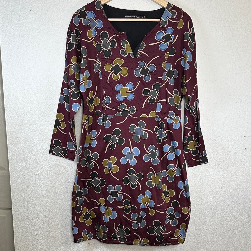 Gudrun Sjoden Burgundy Dress Medium Artsy Boho Floral Beaded Embellished V Neck